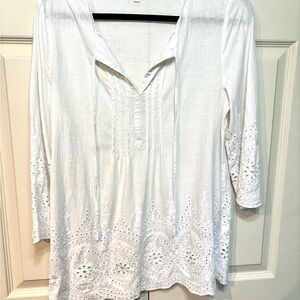 Marina Luna Women’s White Eyelet Women's Linen blend Boho Top size Medium